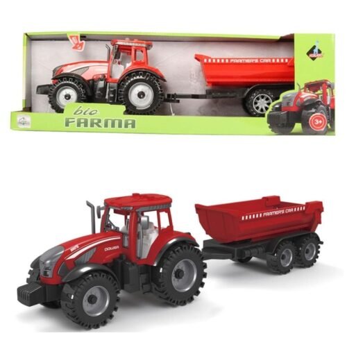 Traktor z czerwoną przyczepą
