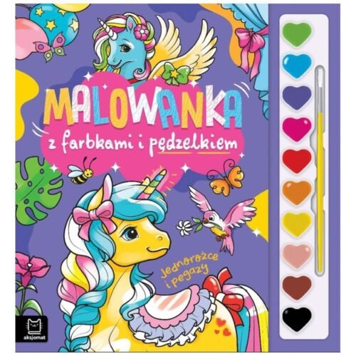Malowanka z farbkami i pędzelkiem. Jednorożce