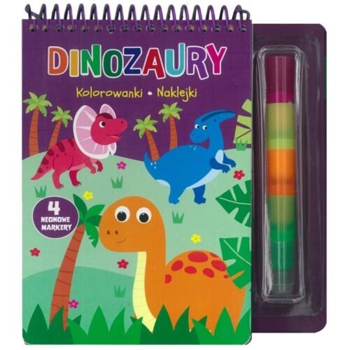 Dinozaury. Kolorowanki naklejki 4 neonowe markery