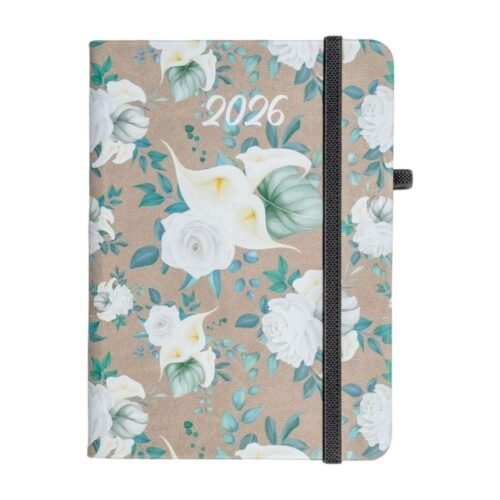 Kalendarz 2026 A6 tyg. Flamenco białe kwiaty