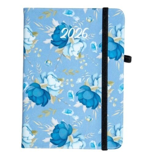 Kalendarz 2025 A6 tyg. Flamenco niebieskie kwiaty