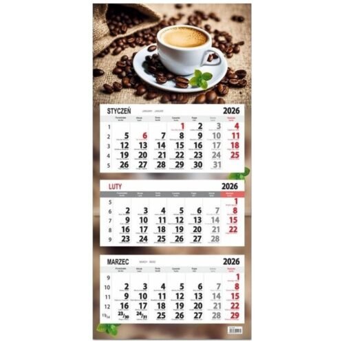 Kalendarz 2026 trójdzielny płaska główka Kawa
