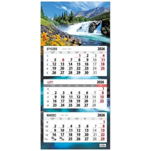 Kalendarz 2026 trójdzielny płaska główka Wodospad