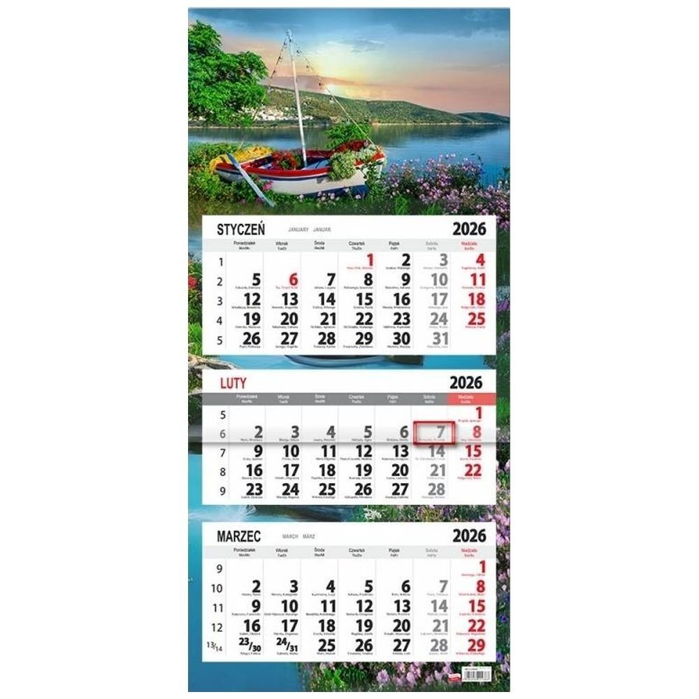 Kalendarz 2026 trójdzielny płaska główka Łódka