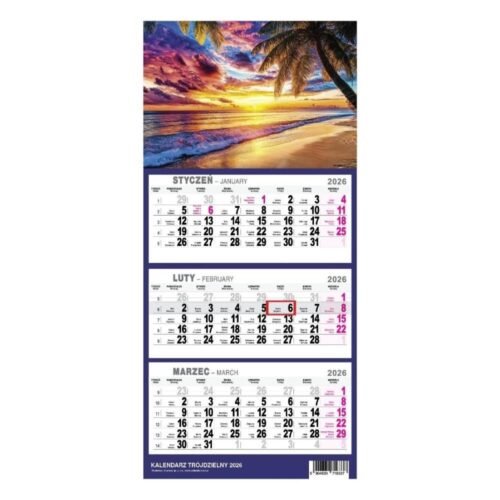Kalendarz 2026 trójdzielny mały Plaża