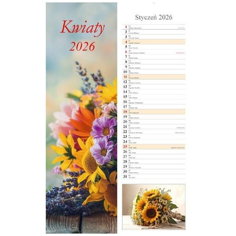 Kalendarz 2026 ścienny pasek Kwiaty