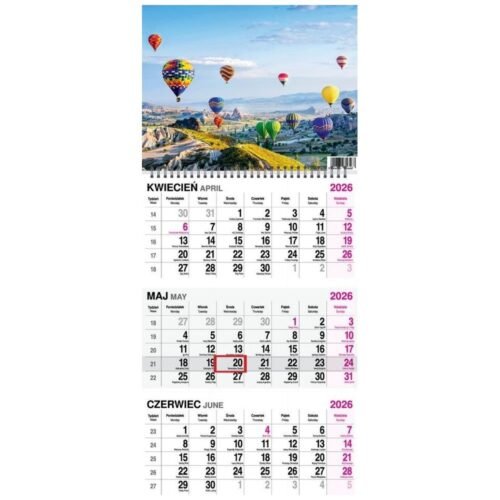 Kalendarz 2026 trójdzielny na spirali Balony