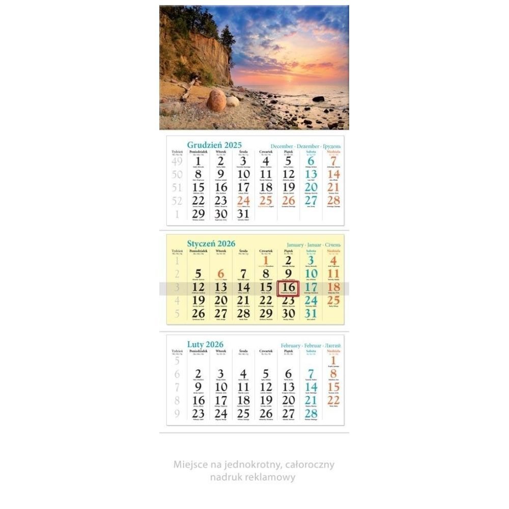 Kalendarz 2026 ścienny trójdzielny Bałtyk