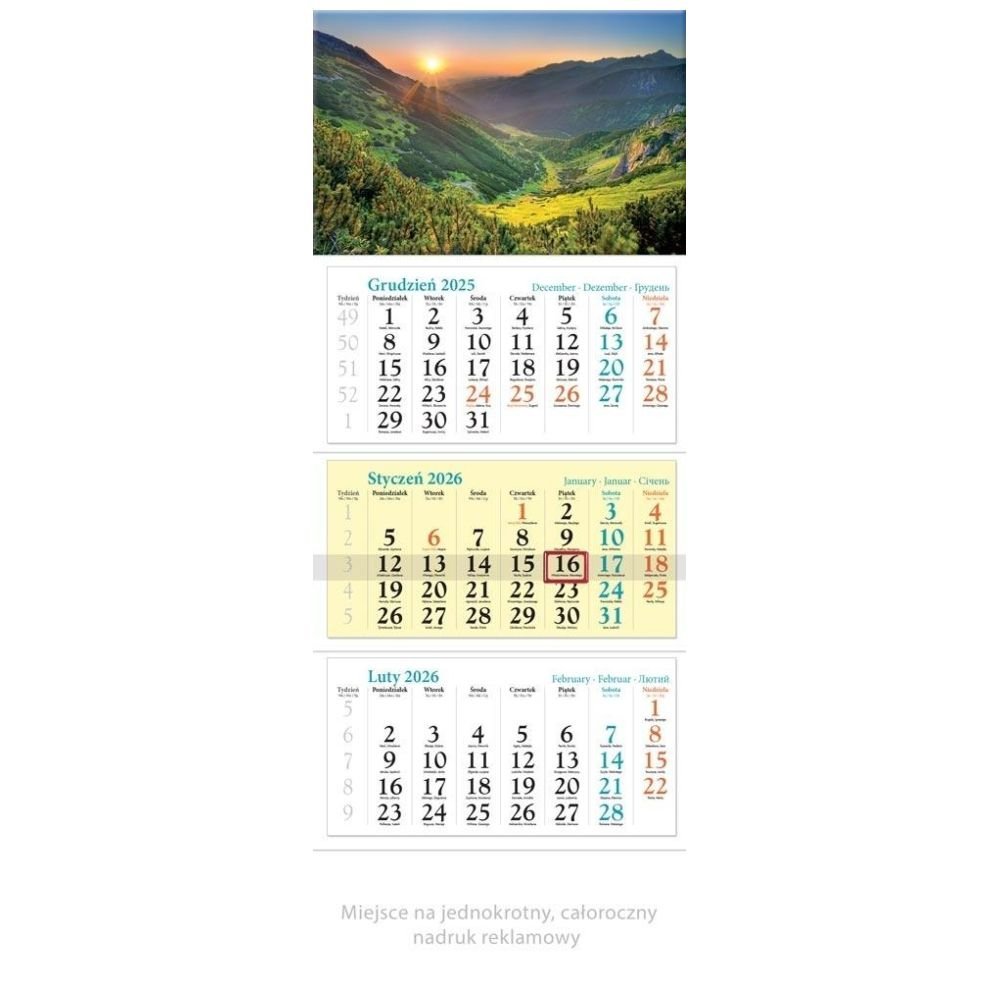 Kalendarz 2026 ścienny trójdzielny Dolina