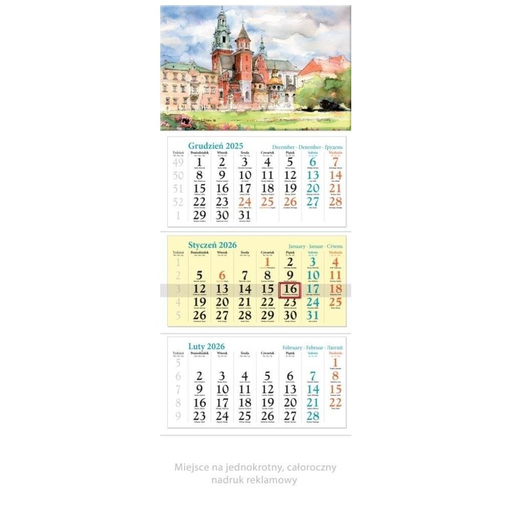 Kalendarz 2026 ścienny trójdzielny Kraków