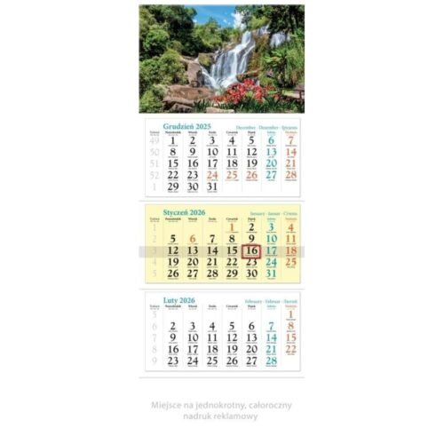 Kalendarz 2026 ścienny trójdzielny Kaskada