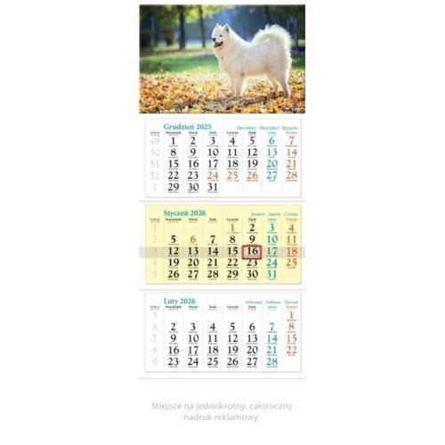 Kalendarz 2026 ścienny trójdzielny Pies