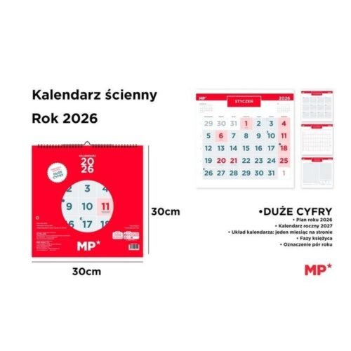 Kalendarz 2026 ścienny 30x30cm czerwony
