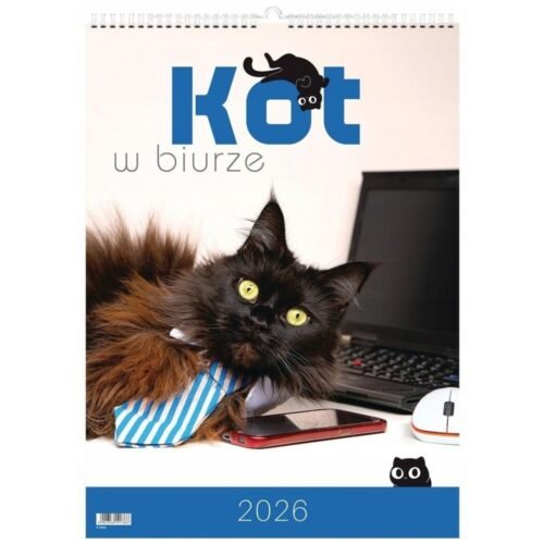 Kalendarz 2026 wieloplanszowy kot w biurze