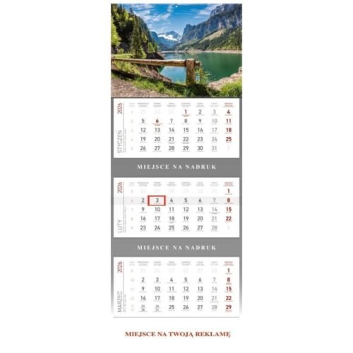Kalendarz 2026 ścienny trójdzielny Górskie jezioro