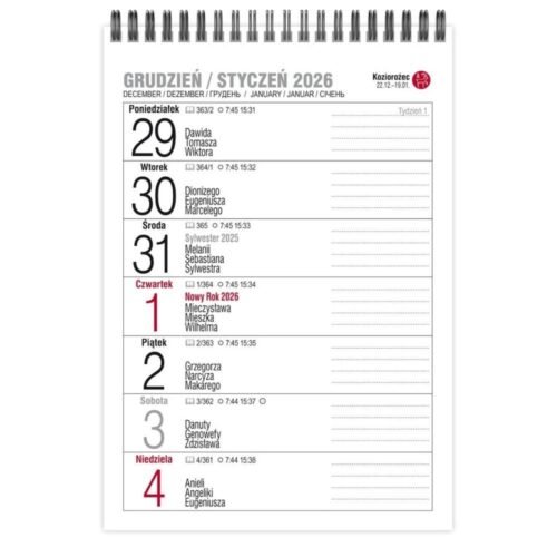 Kalendarz 2026 biurkowy tygodniawy pionowy MIX