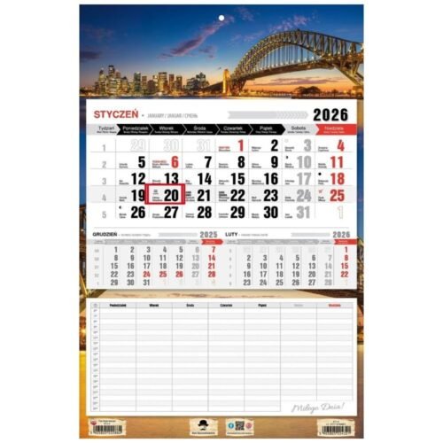 Kalendarz 2026 jednodzielny z planem zajęć Sidney