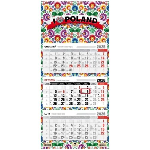 Kalendarz 2026 trójdzielny płaska główka folk