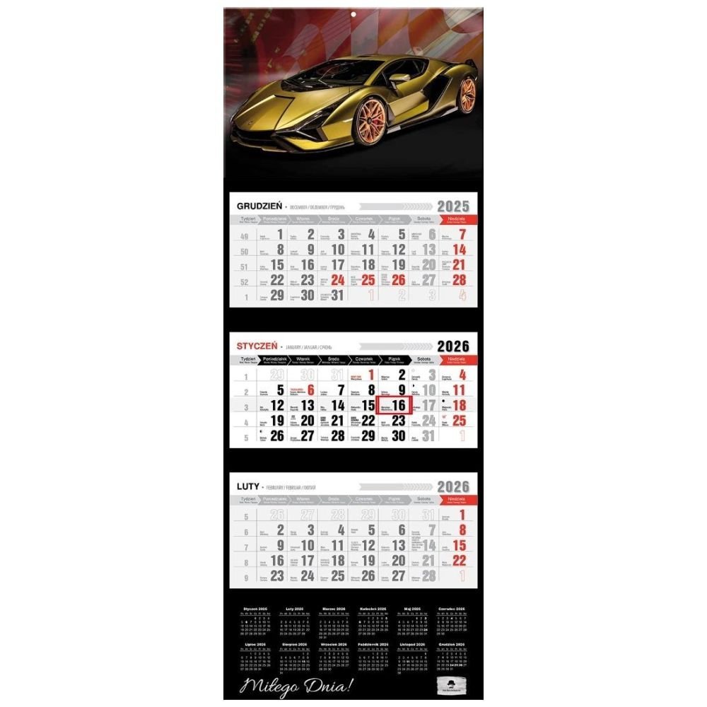 Kalendarz 2026 trójdzielny premium lux car