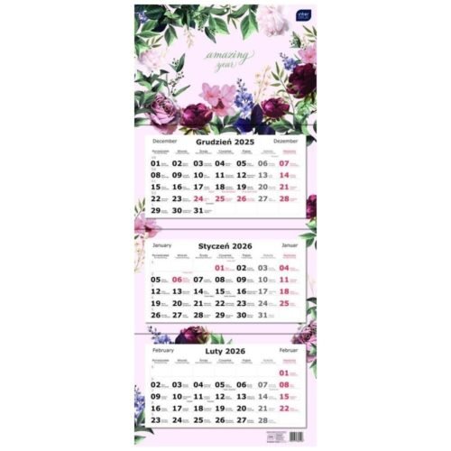 Kalendarz 2026 trójdzielny 82,5x34cm Kwiaty