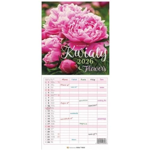 Kalendarz 2026 wieloplanszowy wąski - Kwiaty