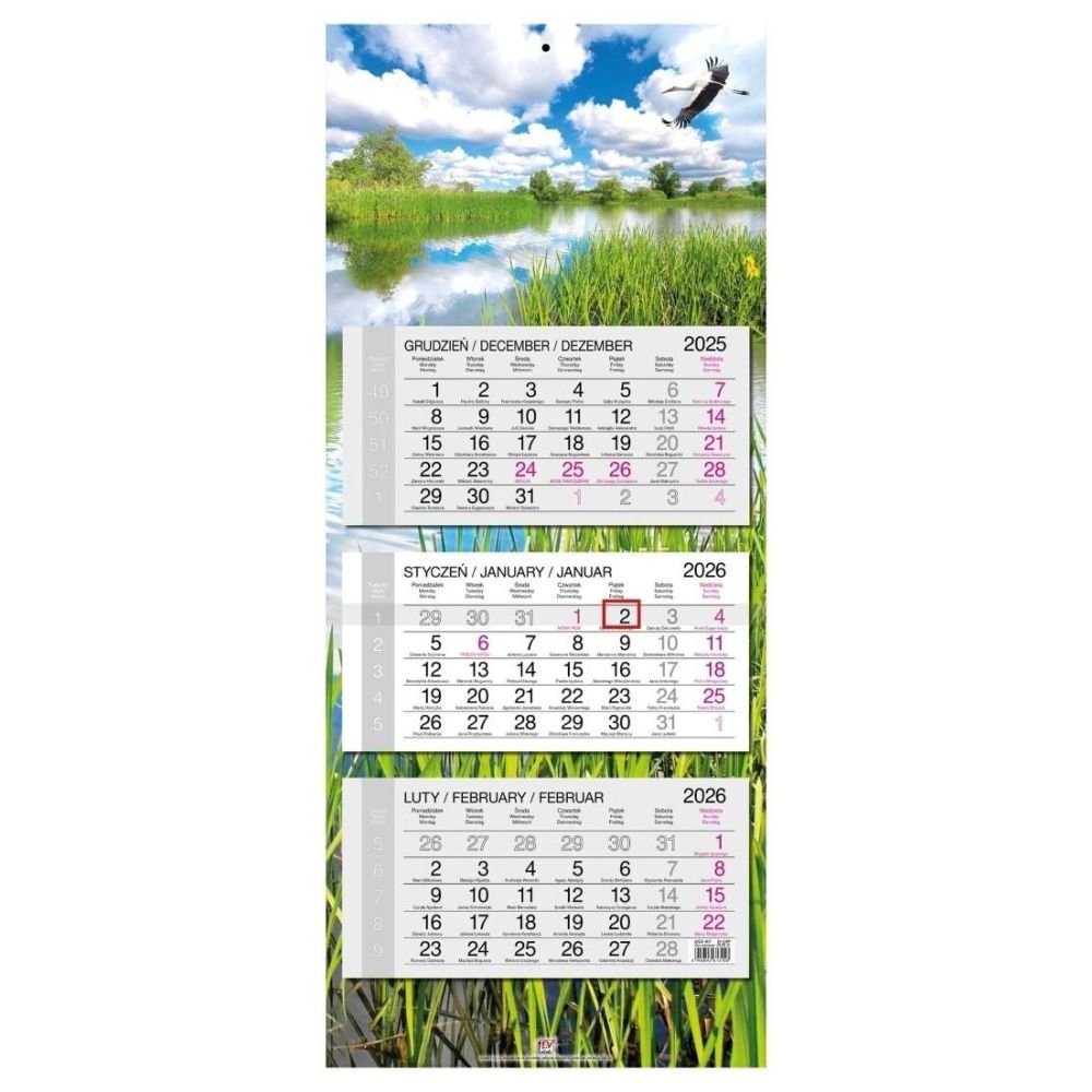 Kalendarz 2026 trójdzielny główka płaska Mazury