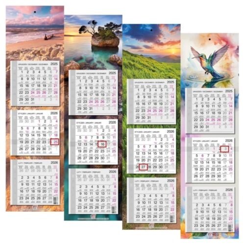 Kalendarz 2026 trójdzielny wąski płaski mix